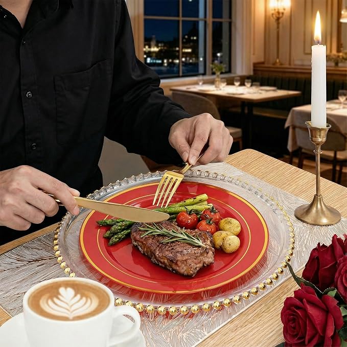 WDF Partyware 175 Pieces Red Plastic Plates with Gold Rim Include Dinner Plate 10" Dessert Plate 7" gold Cups 9 OZ, Pre Rolled Napkins 25 of each type for Wedding/Party/Birthday