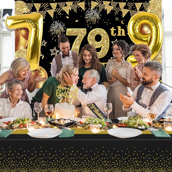 79th Birthday Decorations Men Women with 79th Birthday Banner, Black and Gold Table Cloth, Number Balloons, Sash, Cake Topper and Candles