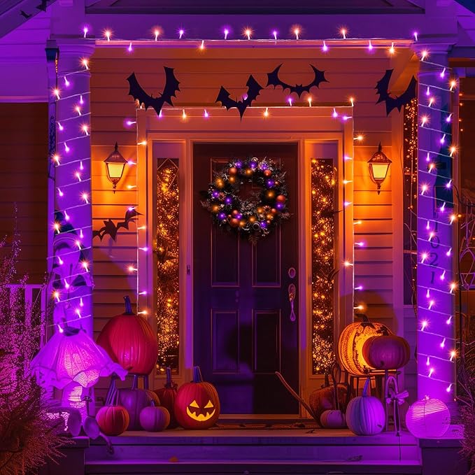 250 LED Orange and Purple Christmas Lights Outdoor, 82 FT String Lights for Outside with 8 Modes Waterproof, Plug in Clear Wire Fairy Lights for Tree Party Bedroom Halloween Holiday Decorations