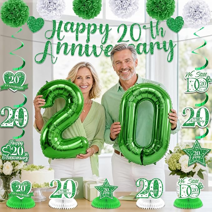 Green 20th Wedding Anniversary Decorations Kit Happy 20th Anniversary Banner Backdrop Table Honeycomb Centerpiece Hanging Swirls Poms Decor for Men Women 20 Years Wedding Anniversaries Party Supplies