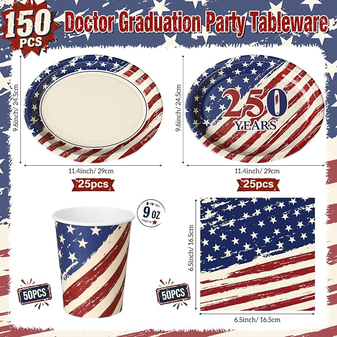 Vesici 150 Pcs 250th Anniversary Oval Paper Plates and Napkins Set 10'' x 12'' Large USA 4th of July Tableware Patriotic Disposable Paper Plate Cup Napkin Independence Memorial Day Party Supply