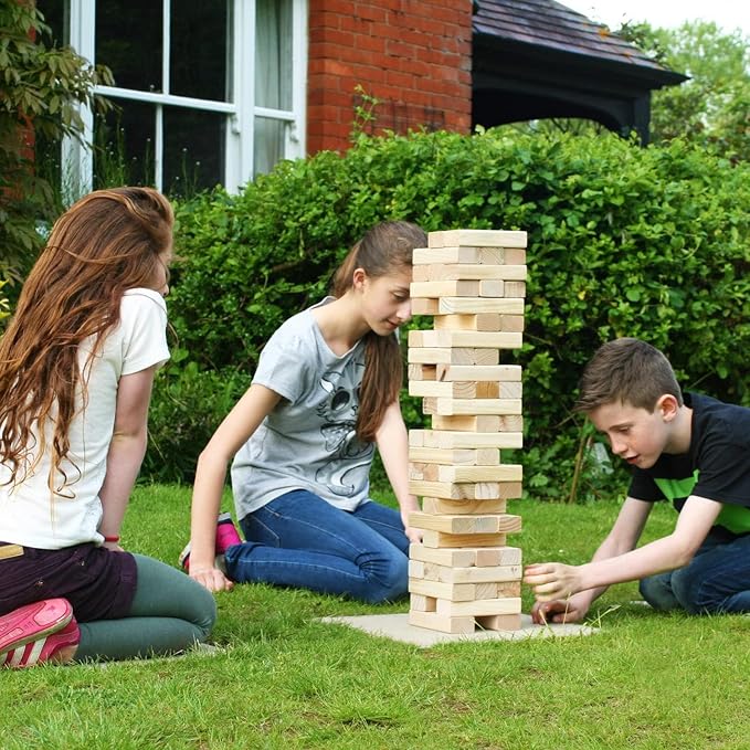 Garden Games Big Game Hunters Giant Tumble Towers, 58 Piece Wooden Block Game, 5 ft. Tall Stacking Backyard Indoor Outdoor Game for Kids Adults Family, Jumbo Splinter Resistant Blocks