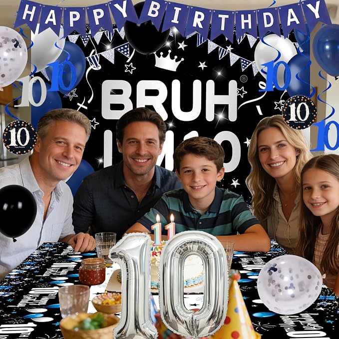 10th Birthday Decorations for Boys & Girls, 54 PCS Blue Black Party Decorations, 10 Year Old Boy Birthday Party Supplie with Banner Backdrop, Hanging Swirls, Tablecloth, Bruh I'm 10 Party Supplies