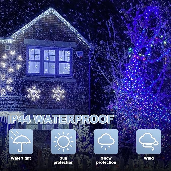 LAMPHOME 66FT 200 LED Blue White String Lights, 16 Modes Plug In Mini Fairy Lights, Waterproof Outdoor Christmas Lights for Hanukkah Xmas Tree Garland Bedroom Ocean Party July 4th Patriotic Decoration