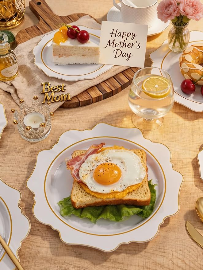 WDF 100PCS White and Gold Plastic Plates - Gold Disposable Plates - Include 50 Dinner & 50 Dessert Plate for Party - Heavy Duty Fancy Plastic Plate for Wedding/Bridal shower/Mother's Day