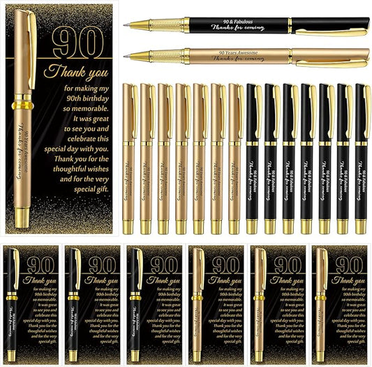 Feifeiya 50 Set 90th Birthday Party Favor for Guest Anniversary Party Favor with Black and Gold Ballpoint Pens and Thank You Cards for Women Men Birthday Anniversary Appreciation Gifts