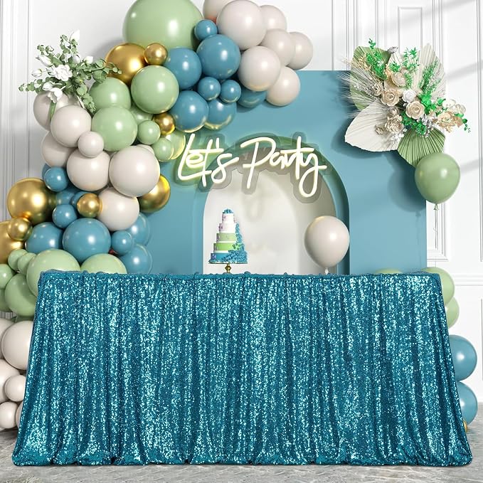 Poise3EHome Teal Sequin Tablecloth 50×80 Inch Rectangle Sparkly Fabric Table Cover Overlay for Baby Shower Birthday Party Wedding Christmas Holiday Decoration