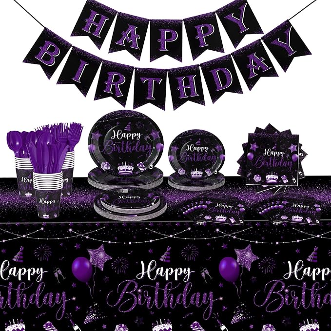 Vesici 171 Pcs Happy Birthday Party Supplies 24 Set Disposable Party Tableware include Plates Cups Napkins Cutlery and Banner Tablecloth Birthday Dinner Decorations for Men Woman(Black, Purple)