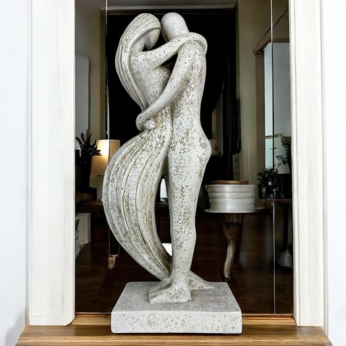 Top Brass Eternal Embrace Romantic Couple Sculpture – 12 1/2” Resin Lovers Statue (Graphite Kiss & Moon-wash Limestone) – Modern Home Décor Wedding Anniversary Love Art (Moon-wash Limestone)