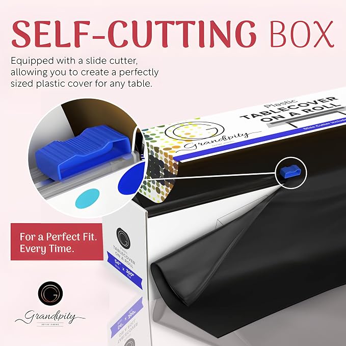 Grandipity Plastic Tablecloth Roll - 54in x 300 Ft. Black Plastic Table Cloths for Parties Disposable with Cutter Box - Cut to Size Disposable Tablecloth Table Cover for Rectangle & Round