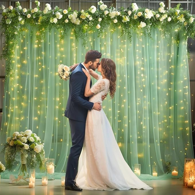 20x10ft Green Tulle Backdrop Curtain with Lights String for Parites, Sheer Photo Backdrop Curtains with Lights for Wedding Backdrop Ceremony Reception Bridal Shower Baby Shower Birthday Party