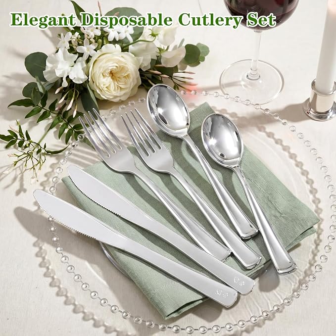 Supernal 360pcs Silver Plastic Silverware Set - Heavy Duty Disposable Silver Cutlery (120 Forks, 120 Spoons, 120 Knives) | Modern Bulk Plastic Utensils for Wedding, Catering & Large Events