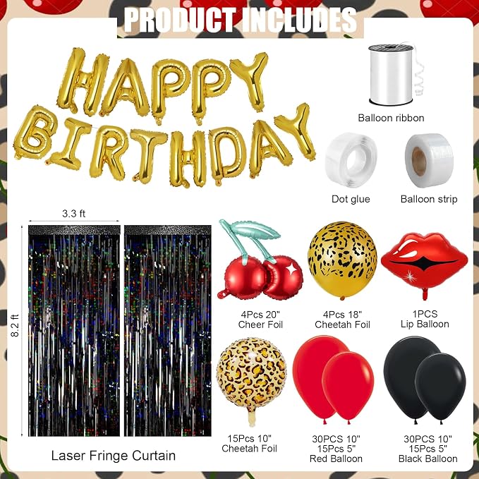Cheetah Leopard Print Birthday Decorations Kit, Red Black Gold Cheetah and Cherry Balloon Arch Kit with Red Black Ribbon Background Decor for Party Decorations Women Graduation Birthday