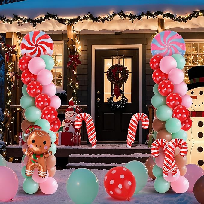 2 Sets Christmas Gingerbread Balloon Stand for Floor Adjustable Red Whilt Balloons Column Kit Set of 2 with Candy Crutch Balloons Tower Stand for Birthday Baby Shower Party Supplies