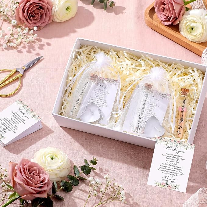 50 Sets Wedding Party Favors for Guests Bulk Including Heart Shaped Candles and Empty Matches Jars with Cork Top Thank You Cards and Organza Bags for Wedding Bridal Shower Party (Flower)