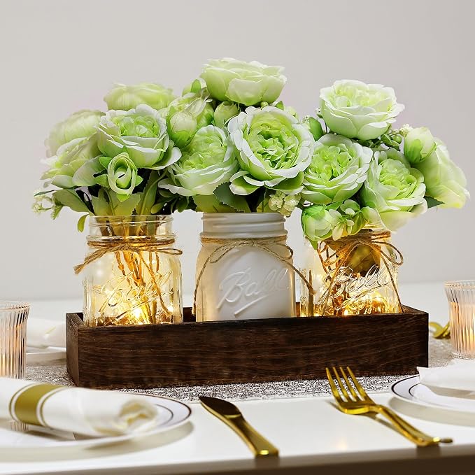 Green Mason Jar Table Centerpiece with Light for Kitchen Dining Room | 3 Piece Farmhouse Coffee Table Decor with Fake Flowers Wood Tray for Living Dining Room Bathroom Wedding Outdoor Decoration