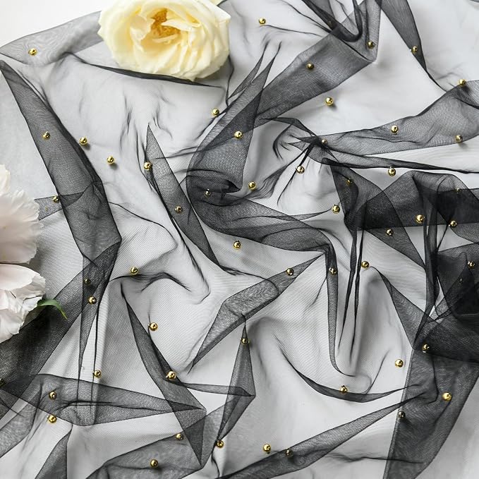 Artoid Mode Pearl Black Gauze Table Runner 120 Inch 10FT, Seasonal Sheer Dining Holiday Wedding Birthday Baby Shower Table Decor for Home Party