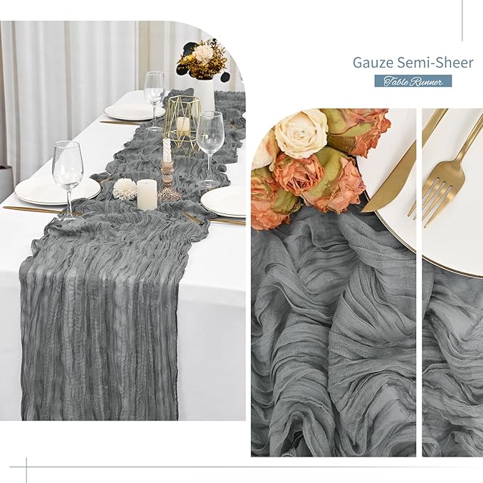 Showgeous 10 Pack Grey Cheesecloth Table Runner Gauze Table Runner 10FT Long Semi-Sheer Table Runner Boho or Rustic Wedding Table Decor for Wedding Decor Arch Draping Bridal Shower Holiday Party
