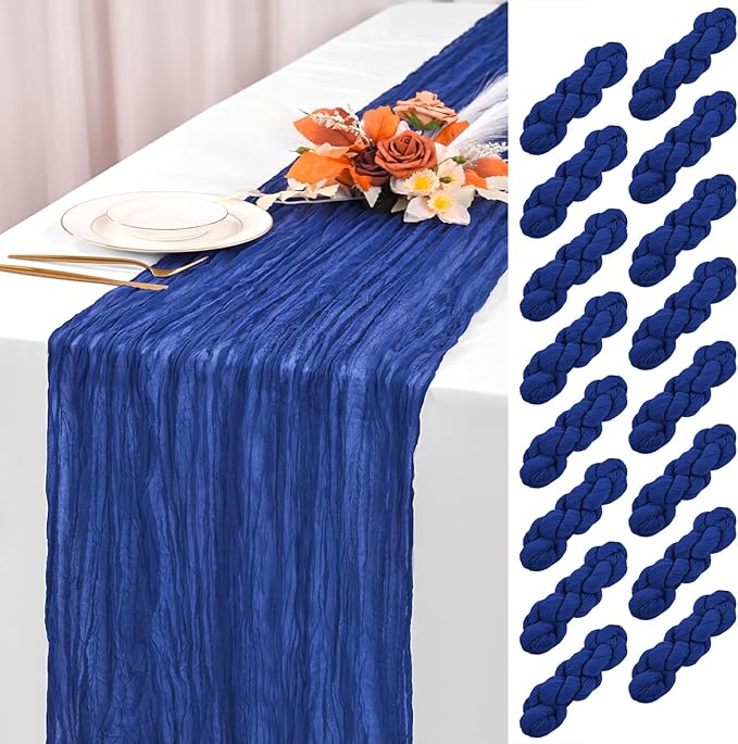 16 Pack Royal Blue Cheesecloth Table Runner 120 Inch 10FT Spring Boho Rustic Sheer Gauze Cheese Cloth Table Runner for Wedding Baby Shower Birthday Party Table Decor
