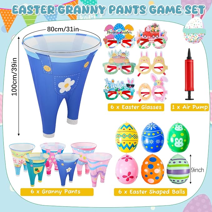 37 Pcs Easter Granny Pants Set, 6 Giant Granny Pants with 1 Pump 24 Egg Balls & 6 Easter Bunny Ear Glasses, Funny Spring Yard Tossing Outdoor Activity for Adults Family Party Gathering