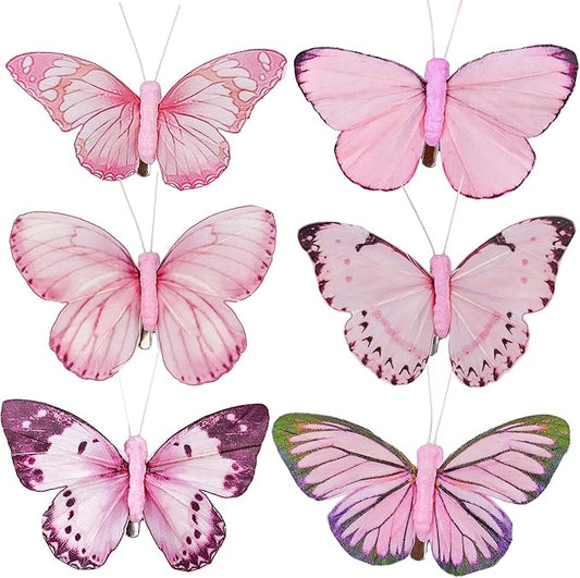 Berfutall-Artificial Feather 3D Butterfly Party Decorations Set of 12 with Clip 6 Color Pink Ornaments for Christmas Tree