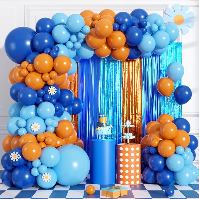 Blue Orange Balloon Arch Garland Kit Birthday Party Decorations, Orange Blue and Light Blue Foil Fringe Curtains Backdrop Tinsel Streamers Banner Photo Booth Props Dog Themed Party Decor Supplies