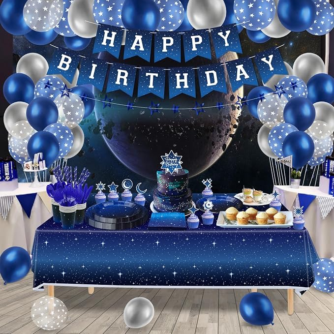 221 Pack Space Galaxy Party Supplies Ramadan Decoration Starry Night Tableware Set Space Birthday Banner Star Garlands Outer Tablecloth Galaxy Planet Themed Birthday Party Decorations Serves 20
