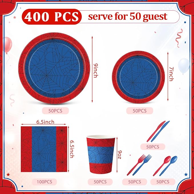 400 Pcs Spider Birthday Party Decoration for 50 Guests, Red Blue Paper Plates Napkins Cups Tablecloth Cutlery Disposable Tableware Set for Spider Web Party Supplies