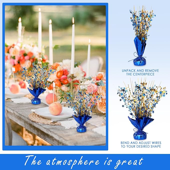 Metallic Star Spray Centerpieces 8 pack for Tables - Bulk 12.4" Foil Fountain Table Decorations for Large Events, Graduation 2026, Wedding Reception (Golden Blue Blend)