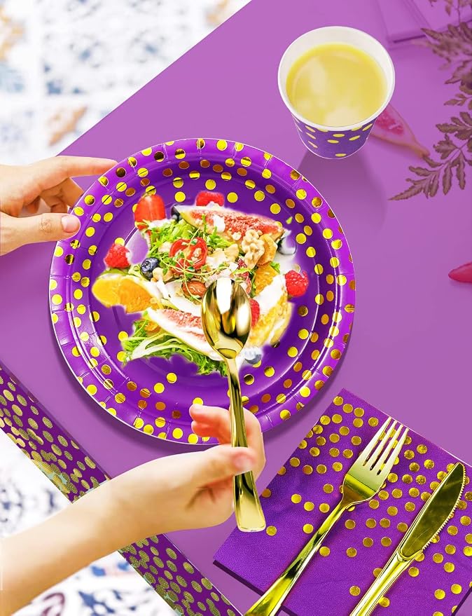 Nkaiso 141 Pieces Purple Gold Party Supplies, Disposable Party Decorations Sets Include Paper Plates Napkins Cups, Plastic Forks Knives Spoons, for Baby Shower Birthday Wedding -20 Guests