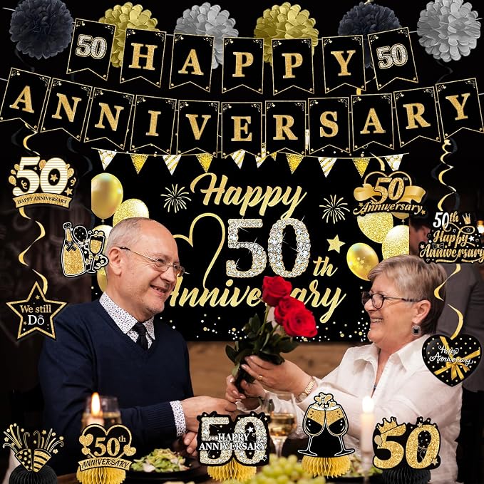 Happy 50th Wedding Anniversary Decorations Kit, Black Gold Happy 50th Anniversary Party Supplies Door Banner Decorations, Backdrop, Table Centerpieces, Hanging Swirl, Paper Pompoms