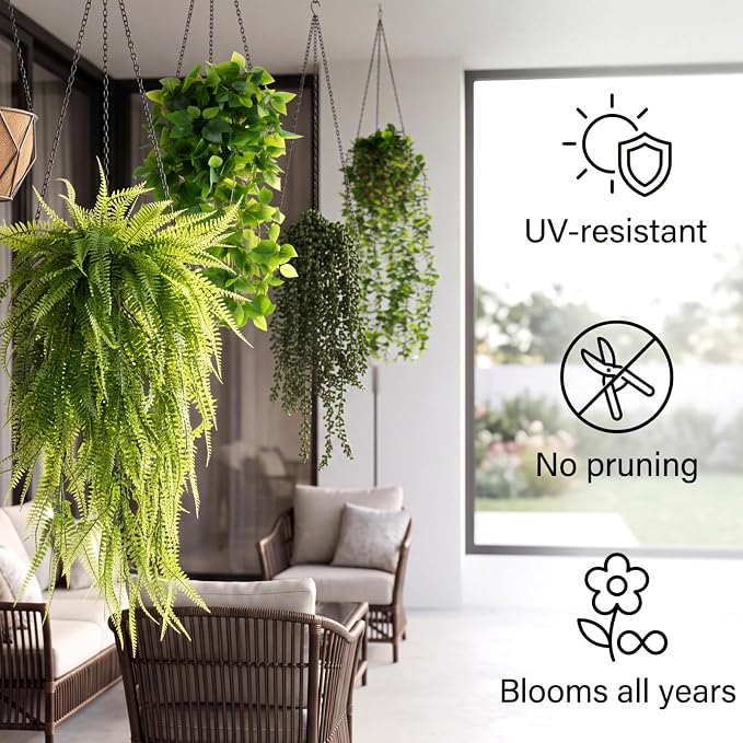 Daifunli 72 Pcs Artificial Hanging Plants Fake Hanging Ferns Plastic Fake Plant for Wall Room Garden Garland Indoor Outdoor Decor No Basket (Boston,Eucalyptus,Ivy Vine,String of Pearls)