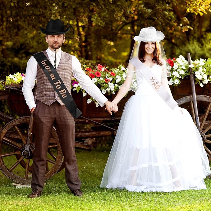 SATINIOR 2 Pieces Bride Cowgirl Hat with Veil, Groom and Cowboy Hats, Bachelorette Party Supplies Bride and Groom to Be Sash for Women Men Wedding Bridal Shower Decoration