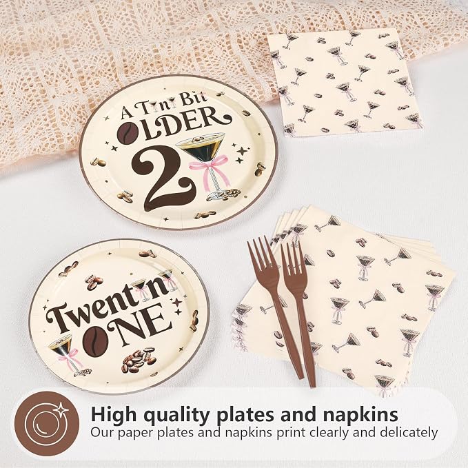 96 Pcs Espresso Martini Happy 21st Birthday Decorations Martini A Tini Bit Older Paper Plates and Napkins Twentini One Tableware Set for Girls Women 21st Birthday Bachelorette Party Supplies, Serves 2