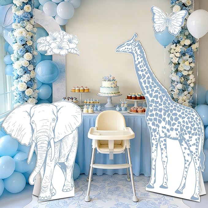 4PCS Blue Jungle Animal Cardboard Standee Set, Giraffe Elephant Cardboard Standee Cutouts, Safari Baby Shower Decorations for Birthday, Gender Reveal