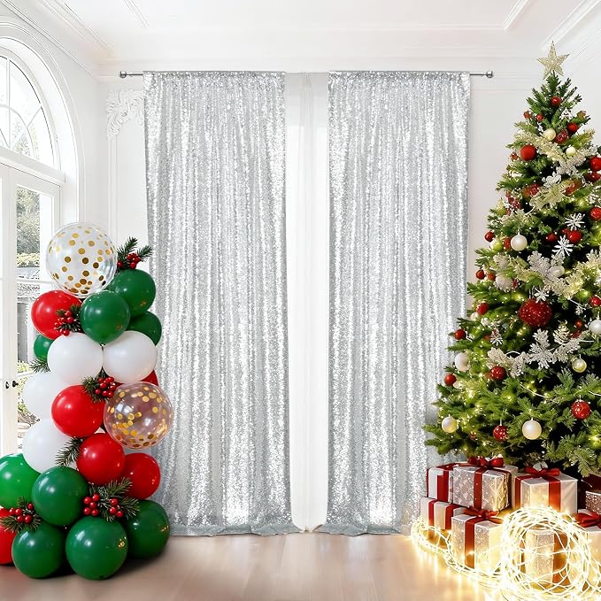 PartyDelight Silver Sequin Backdrop Curtains 2x8ft 2 Panels | 3mm stitched sequin curtain with 4 inch rod pocket for 2x8ft 2 panel doorway window side drape narrow photo booth strip