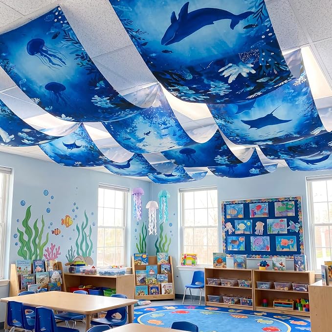 Gilprop 3 Pcs Ocean World Ceiling Decorations, 2 x 12 Ft Underwater Theme Hanging Fabric, Sea Creature Party Supplies for Birthday Baby Shower Classroom Photo Backdrop & Event Decor