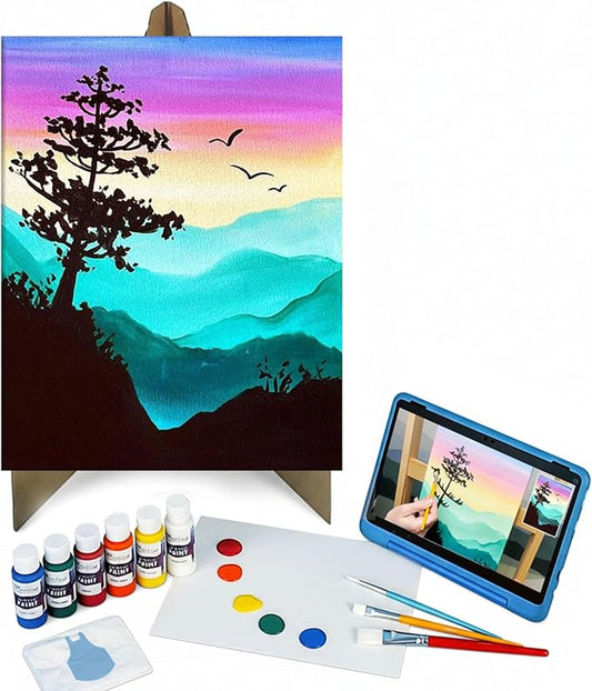 Painting to Gogh - Peaceful Sunrise – Junior Artist Painting Kit – Ages 6+– 11x14 Canvas, 3 Paint Brushes, Acrylic Paint, Cardboard Easel, Palette, Apron & Step-by-Step Tutorial for Kids