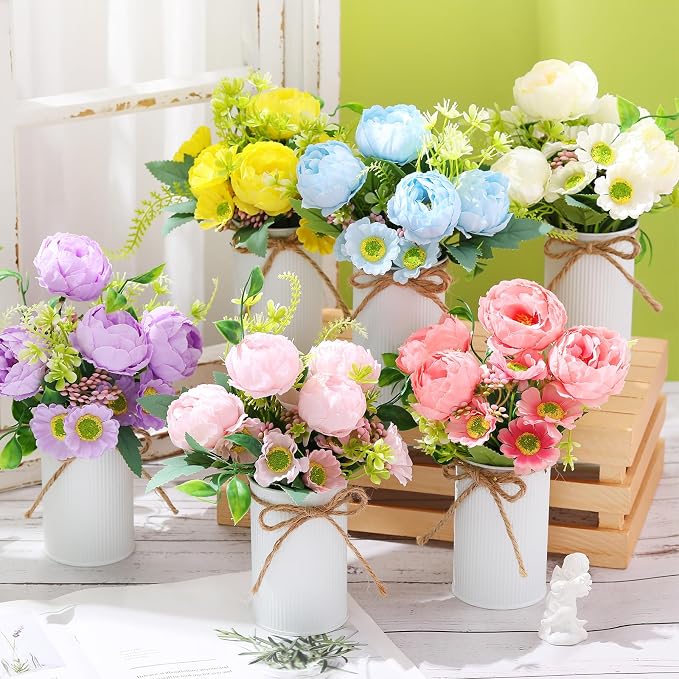 Wavwavw 6 Pcs Wedding Table Centerpieces Artificial Flowers with Vase Pastel Fake Camellias Floral Bouquet Purple Pink Blue Yellow Flowers Arrangement Summer Table Decorations for Home Party Decor