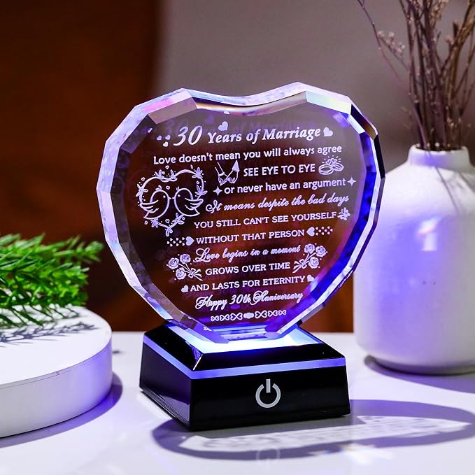 Arikyrist 30th Wedding Anniversary Crystal Heart Gifts for Couples Parents, Laser Engraved 30 Year Anniversary Crystal Keepsake Gifts for Wife Husband, Romantic 30 Years of Marriage Gift for Her Him