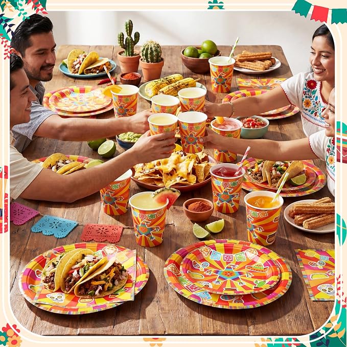 Jenaai 200 Pcs Fiesta Tableware Set Serve for 50 Guests Mexican Birthday Party Decorations Cinco De Mayo Party Supplies 9" Dinner Plates 7" Dessert Plates Cups and Napkins for Dinnerware Disposable