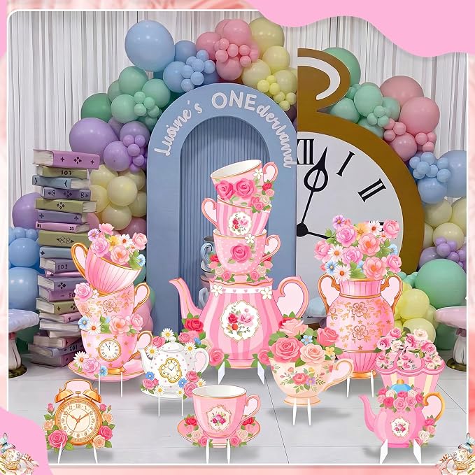 9 Pcs Tea Party Decorations Set, Large Floral Cutouts with Stand, Vintage Teapot Cup Decor for Girls Birthday, Bridal Shower, Photo Backdrop Supplies