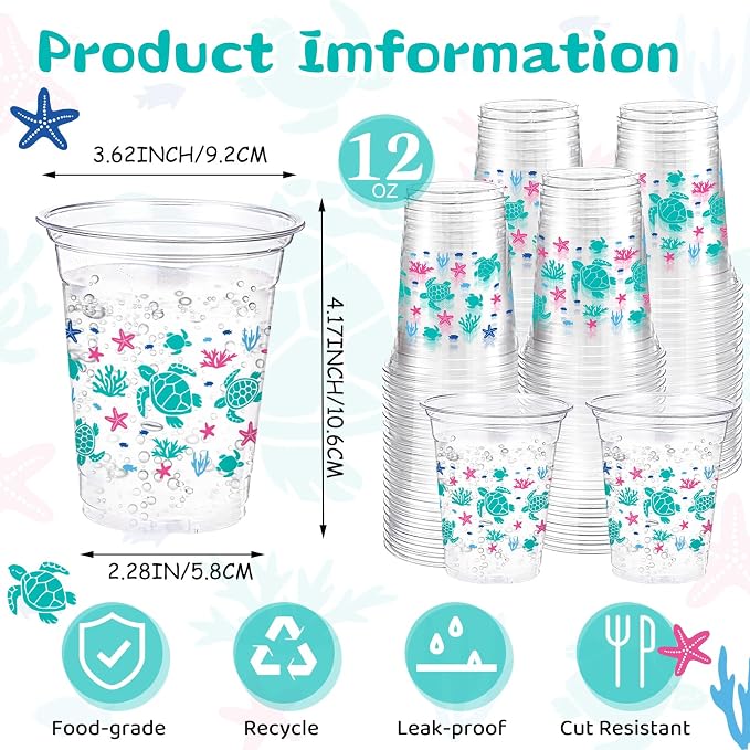 Funnymoom 60 Pack Sea Turtle Plastic Cups 12 oz Ocean Turtle Disposable Clear Plastic Drinking Cups for Marine Animals Ocean Seashell Summer Birthday Themed Party Decorations Supplies