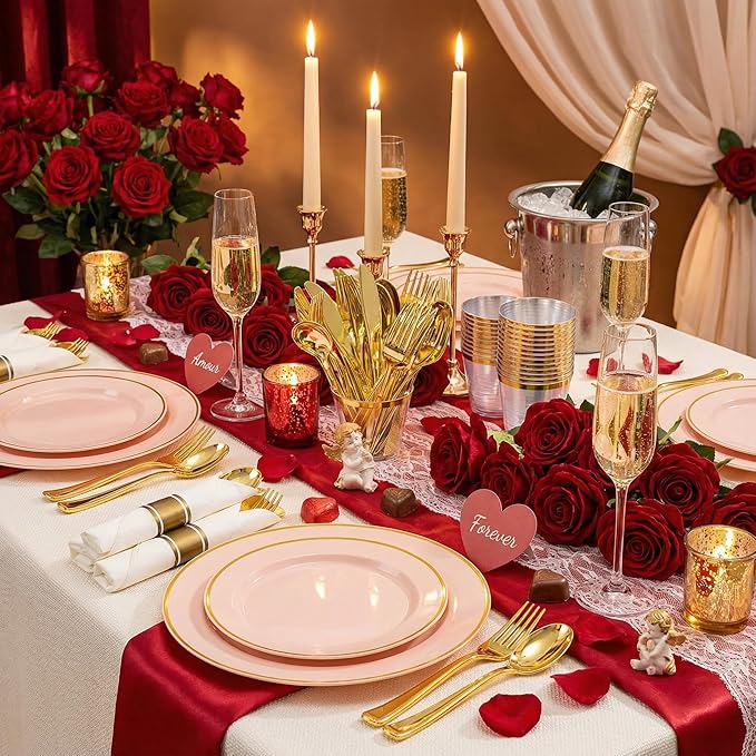 SUT 175 Pcs Pink and Gold Plastic Dinnerware Set for 25 Guests, Include: 25 Dinner Plates, 25 Dessert Plates, 25 Pre Rolled Napkins With Silverware, 25 Cups, Disposable Plates for Baby Shower, Party