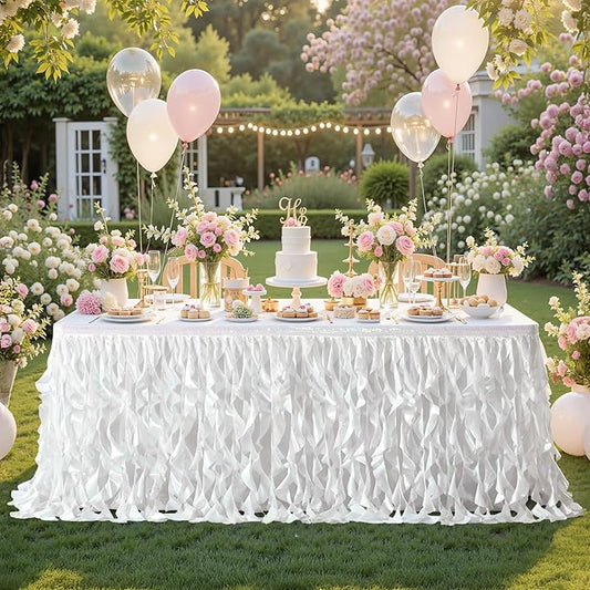 Wish Care 9ft White Sequin Table Skirt for Rectangle Tables Glitter Curly Willow Tutu Skirt Ruffle Table Cloth Desk Skirts for Wedding Birthday Baby Shower Party Banquet Table Skirting Decorations