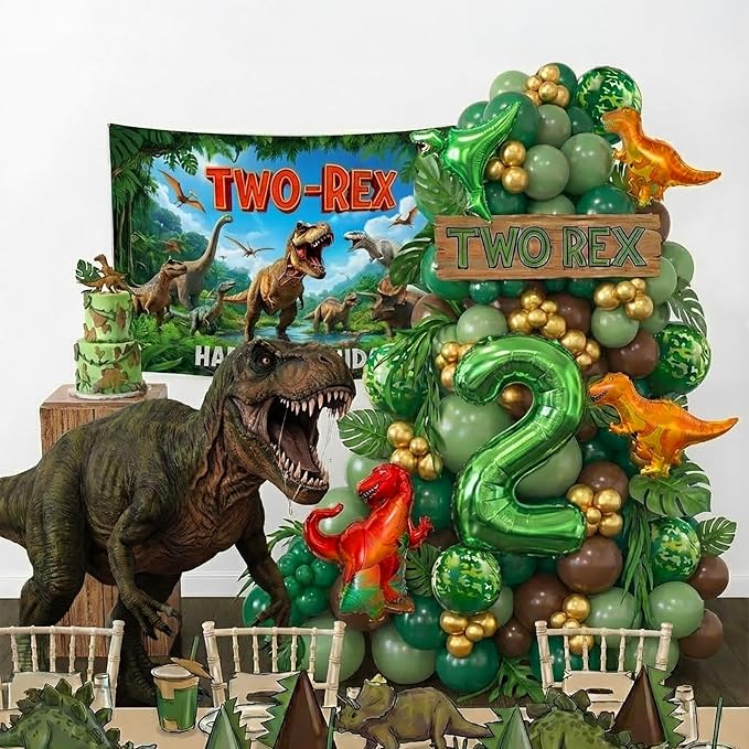 Two-Rex 2nd Birthday Party Decorations for Boys, Dinosaur Jungle Safari Theme - Hunter Green Brown Gold Balloon Arch, T-Rex Banner Backdrop & Footprint Stickers, Dino Party Supplies