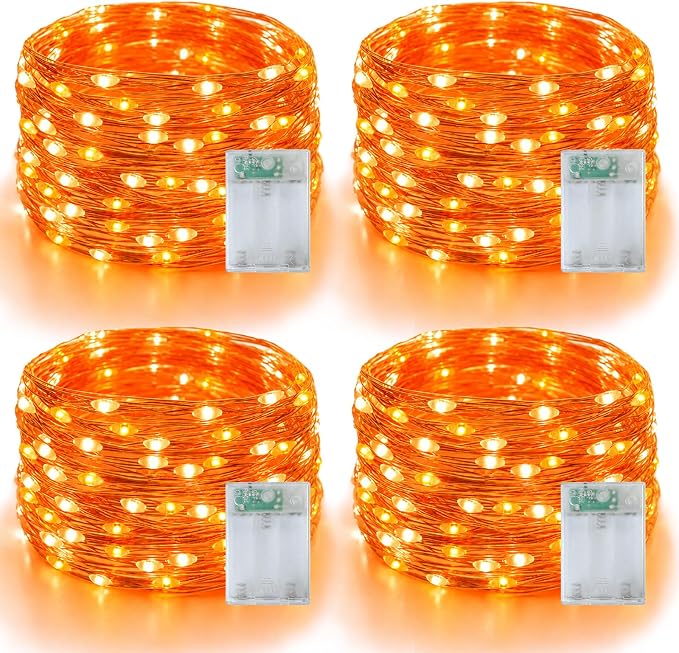 YEGUO Fairy Lights Battery Operated, 4 Packs Each 16ft 50 LED String Lights, 2 Modes Silver Wire Christmas Twinkle Light Indoor for Halloween Bedroom Wedding Party Holiday Gift(Orange)