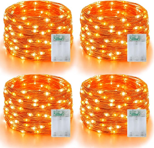 YEGUO Fairy Lights Battery Operated, 4 Packs Each 16ft 50 LED String Lights, 2 Modes Silver Wire Christmas Twinkle Light Indoor for Halloween Bedroom Wedding Party Holiday Gift(Orange)