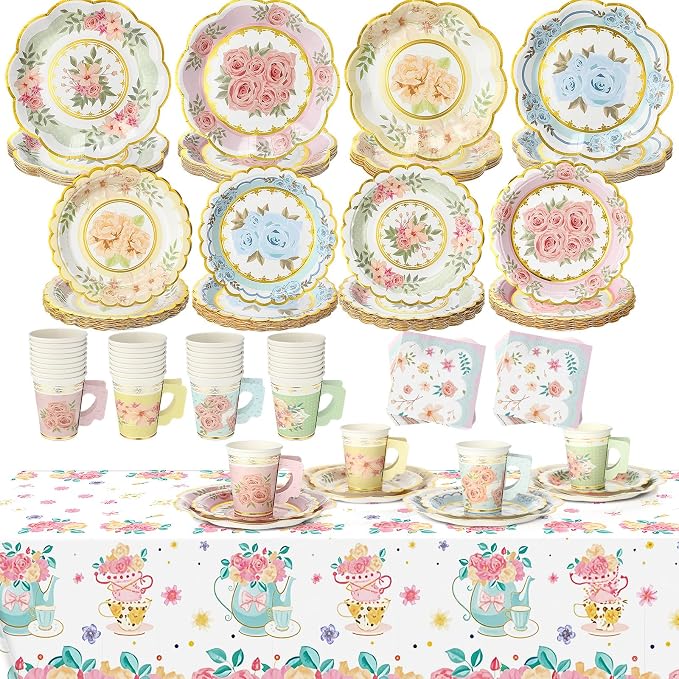 Yungyan 145 Pcs 36 Guests Tea Birthday Party Supplies Disposable Tableware Set 9 oz Paper Tea Cups with Handle 7" 9" Paper Plates Napkin Tablecloth for Floral Party Wedding Baby Shower