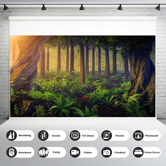 Magical Fantasy Forest Photography Background Jungle Safari Theme Party Backdrop Green Trees Sunlight Backdrop Enchanted Forest Theme Baby Shower Adult Photo Studio Props Backdrops 15x10ft